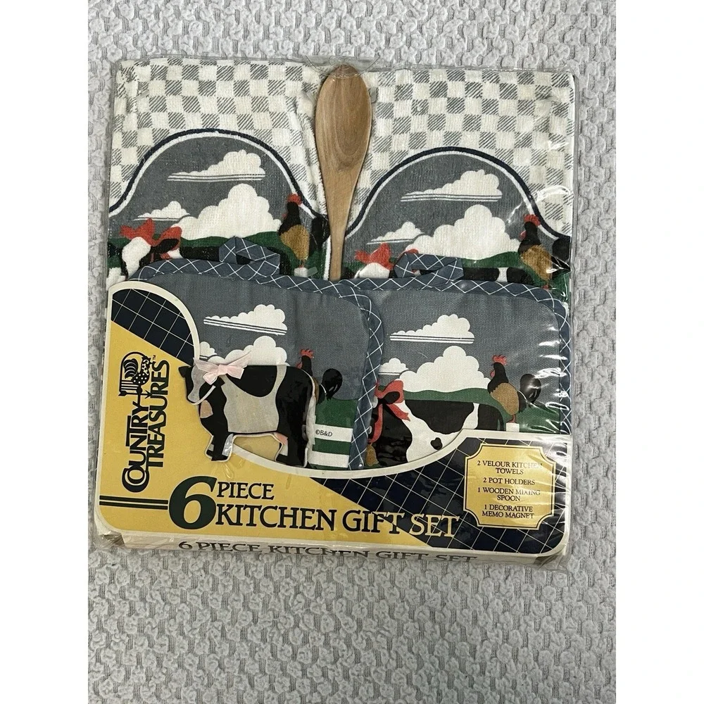Vtg Cottagecore Farmhouse Kitchen Towel Pot Holder Cow Chicken Country Linen
